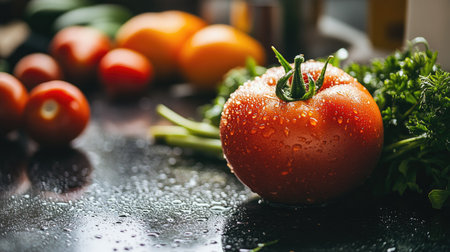 A freshly washed tomato with water droplets clinging to its skin, resting on a kitchen countertop surrounded by fresh vegetablesの素材