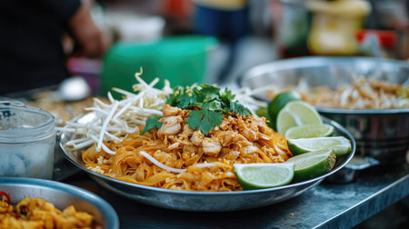 A plate of Pad Thai noodles topped with chicken, surrounded by fresh lime wedges, bean sprouts, and cilantro, ready to eat at a street food stallの素材