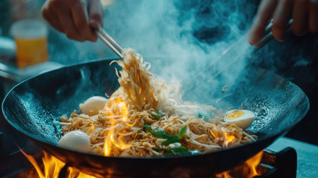 A chefs hands tossing Pad Thai in a hot wok over an open flame, capturing the cooking process with noodles, eggs, and fresh herbsの素材