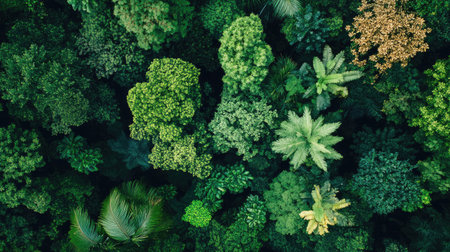 A diverse forest canopy seen from above, filled with a variety of trees and plants, showcasing the richness and beauty of natural ecosystems.の素材
