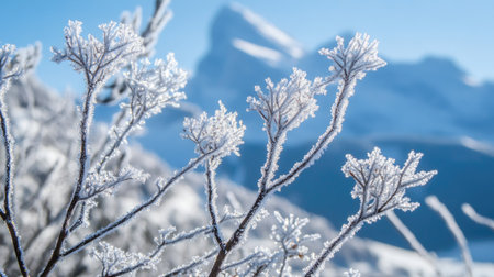 A close-up of frost-covered branches in the Swiss Alps, with majestic mountains looming in the background under a clear winter sky.の素材