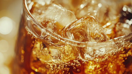 A close-up of whiskey and soda swirling together in a crystal tumbler, ice cubes clinking as the drink fizzesの素材