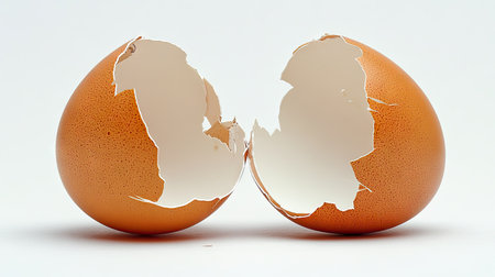 A broken eggshell in two halves on a white background, the delicate inner lining still attached to the shell's interiorの素材
