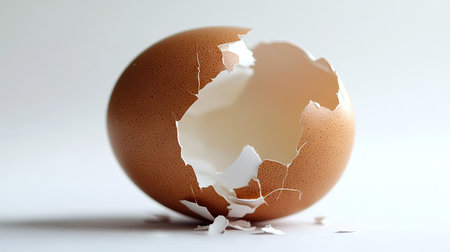 A close-up of a cracked brown egg with the shell peeling off, revealing the smooth white egg inside, set against a white backdropの素材