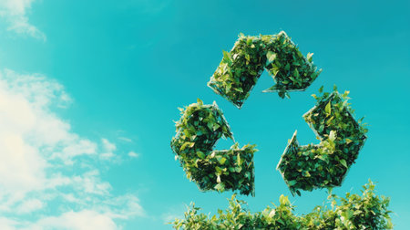 A recycling symbol made from lush green plants set against a bright blue sky, representing environmental sustainability and eco-friendly practices.の素材