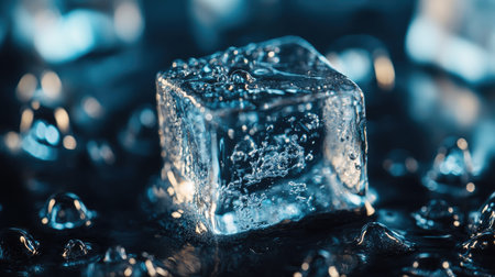 A close-up view of a melting ice cube, with water droplets forming on its glossy surface, showcasing the elegance of frozen and liquid states.の素材