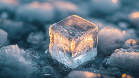 A single ice cube in focus, shimmering under a soft light, highlighting its smooth, transparent surface and frosty corners.の素材