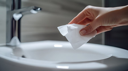A hand gripping a white tissue just before releasing it into a modern, pristine toilet bowl, representing cleanliness and hygiene.の素材