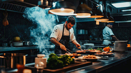 A professional kitchen scene with chefs grilling meat, chopping vegetables, and arranging plates under bright overhead lightsの素材