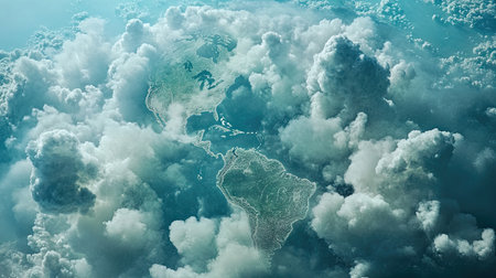 A dreamy top-down perspective of clouds and smoke intertwining, subtly forming the familiar shapes of Earth's continents.の素材