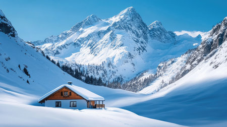 A breathtaking winter scene in the Swiss Alps, snow-covered peaks towering under a clear blue sky, with a cozy cabin nestled in the valley.の素材