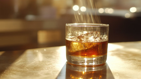 A glass of whiskey and soda sitting on a table, the carbonation rising in small streams, with reflections of light bouncing off the amber whiskeyの素材