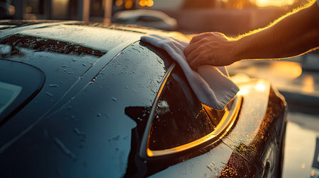 A hand drying the cars roof with a towel, making sure no water spots are left behind on the clean, glossy surface.の素材