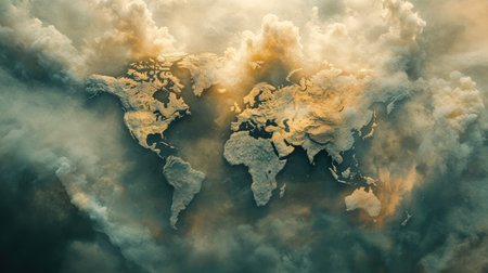 A cloud and smoke formation from above, slowly turning into the map of the world, with the continents fading in and out of view amidst the haze.の素材