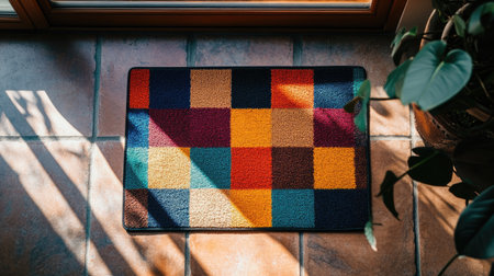 A vibrant, modern patterned welcome doormat on a tiled porch entry, inviting guests with a stylish and warm vibe. Soft shadows cast across the design.の素材