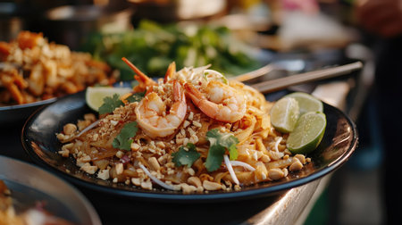 A close-up of a plate of freshly prepared Pad Thai with shrimp, garnished with crushed peanuts, lime wedges, and cilantro on a street food stall tableの素材