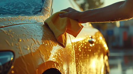 A hand holding a drying cloth, wiping down the front of a car after a wash, leaving it spotless and shining in the sunlight.の素材