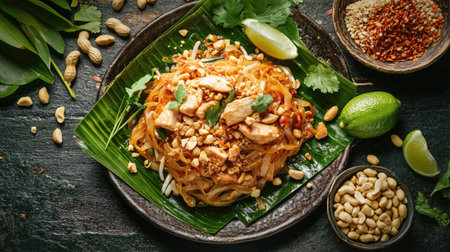 A serving of Pad Thai with chicken, laid out on a banana leaf for an authentic street food experience, with peanuts and lime on the sideの素材