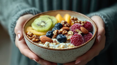 A womans hands holding a bowl of oatmeal mixed with Greek yogurt, topped with nuts and fresh fruit, ready to enjoy a wholesome, balanced meal.の素材