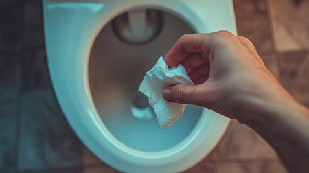 Close-up of a hand holding a tissue just above a toilet bowl, representing cleanliness, hygiene, and proper waste disposal in daily life.の素材