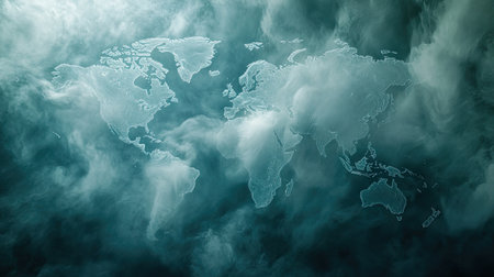 An ethereal view from above of smoke and clouds forming a fragmented world map, slowly revealing the outlines of Earths continents.の素材
