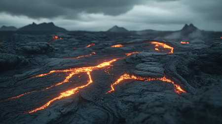 Close-up of dark lava cracks glowing with molten magma, surrounded by blackened volcanic rock formations under a cloudy skyの素材