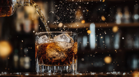 Whiskey and soda being poured into a glass, the soda fizzing intensely around the whiskey and ice cubes, with a dark bar setting behindの素材