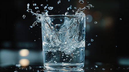 Water splashing as it is poured into a tilted glass, with droplets bouncing out, capturing the dynamic movement of the liquidの素材