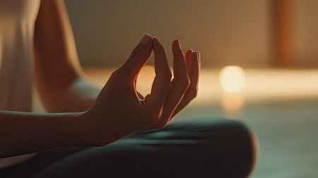 A close-up of a womans hands in a mudra pose while she meditates in a quiet yoga studio with soft natural light.の素材