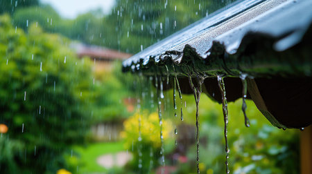 A close-up of rainwater dripping from a rooftop gutter, with the blurred background of a rainy garden scene.の素材