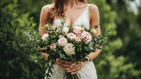 A bride in a white gown holding a lush bouquet of roses and greenery, her hands gently clutching the stems as she smiles softly.の素材