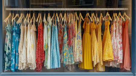 A clothing rack full of colorful summer dresses, arranged by pattern and color, hanging neatly in a boutique window.の素材