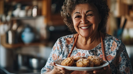 A close-up portrait of a woman in a floral apron, smiling warmly while holding a plate of freshly baked cookies in a cozy kitchen.の素材