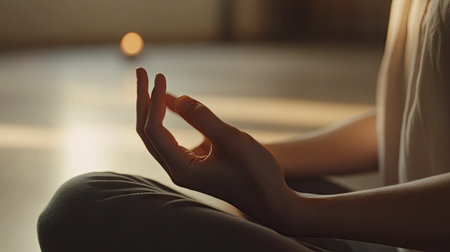 A close-up of a womans hands in a mudra pose while she meditates in a quiet yoga studio with soft natural light.の素材