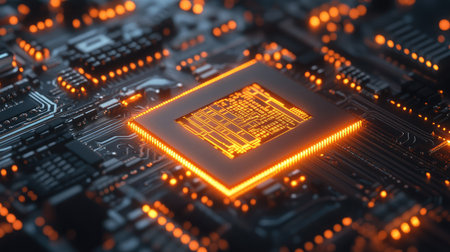 A close-up of a circuit board with a glowing microchip, representing AI at the core of advanced technological devices.の素材