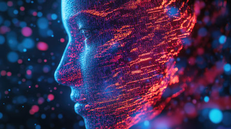 A close-up of a digital face made of code and data streams, showcasing the concept of AI in virtual environments.の素材