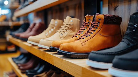 A collection of different shoe styles, including boots, sneakers, and loafers, displayed on a shelf in a fashion-forward retail store.の素材