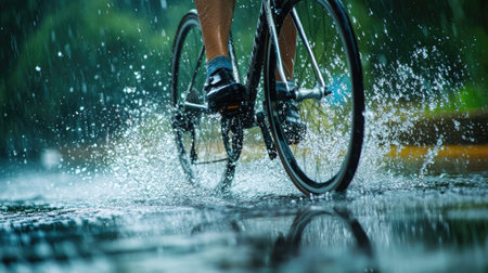 A cyclist pedaling through the rain, water splashing up from the wheels as they ride on the wet pavement.の素材