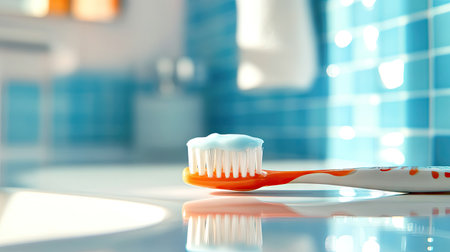 A close-up of a toothbrush with toothpaste applied, set against a bright bathroom background, emphasizing the importance of daily oral hygiene.の素材