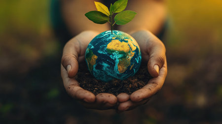Hands cradling a small globe with leaves growing from it, symbolizing the interconnectedness of humans and nature in ecological efforts.の素材