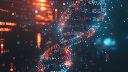 A close-up of a rotating digital DNA double helix, with bright particle effects and complex data charts floating around it.の素材