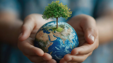 Hands cupping a globe with a tree growing on top, symbolizing the importance of protecting our planet for future generations.の素材