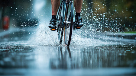 A cyclist pedaling through the rain, water splashing up from the wheels as they ride on the wet pavement.の素材