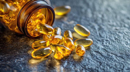 A bottle of Omega 3 fish oil capsules with several spilling out onto the table, capturing the rich, translucent golden color of the supplements.の素材