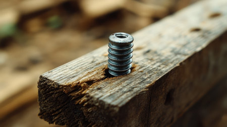 A detailed close-up of a screw partially inserted into a wooden plank, with the threading clearly visible and sharp.の素材
