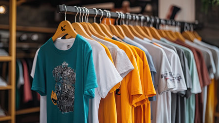 A display of various casual t-shirts on hangers, with different colors and graphic designs, arranged neatly in a retail store.の素材