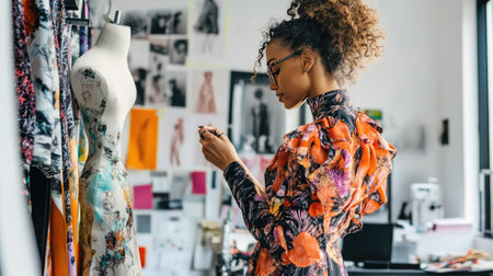 A fashion designer adjusting a dress on a mannequin in a studio, with fabric swatches and clothing sketches in the background.の素材