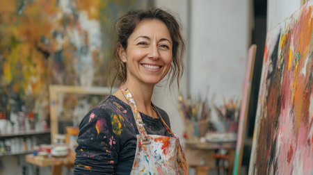 A female artist wearing a paint-splattered apron, smiling while standing in front of her latest canvas painting in a creative studio.の素材
