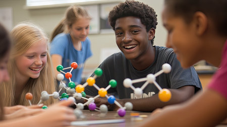 A group of students working with molecular models in a science classroom, learning about chemical bonds and structures.の素材