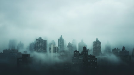 A foggy morning with light rain falling over a city skyline, the buildings barely visible in the mist.の素材